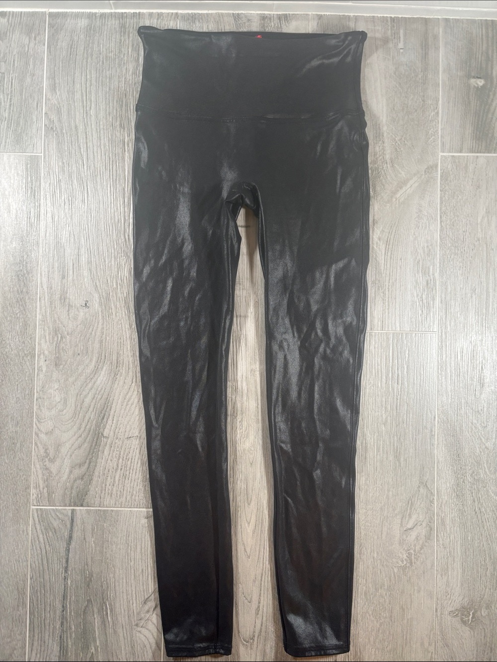 SPANX Faux Leather Leggings Black High Waisted Tummy Control Pants L 2437